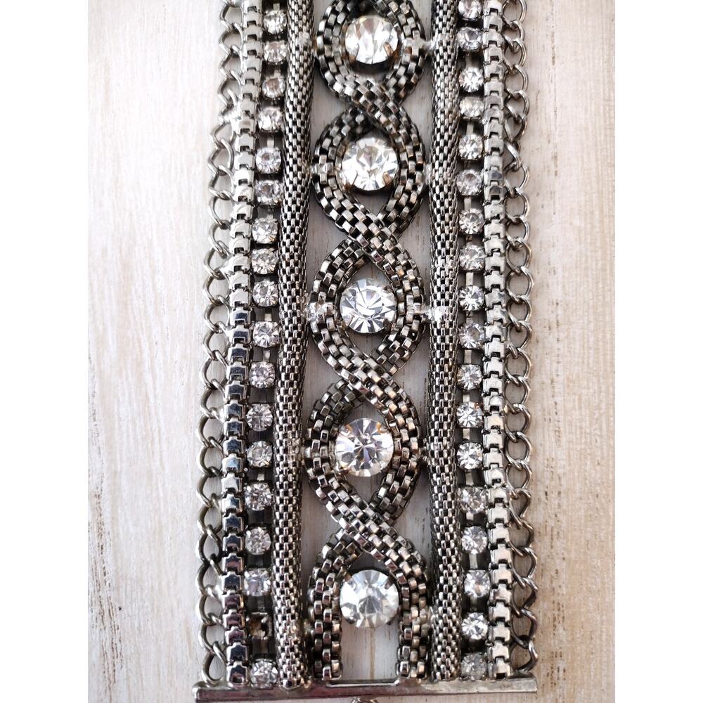 Vintage-Style Wide Silver/Pewter-Tone Cuff Bracelet with Rhinestones Accents - Picture 5 of 11